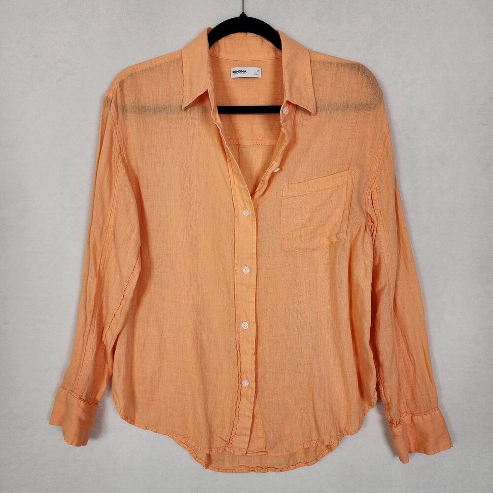 Sonoma Linen Blend Lightweight Sheer Button Down Orange Shirt Blouse Sz M